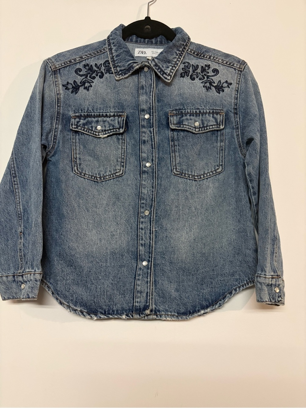 Zara Blue Denim Button-Down Shirt with Navy Floral Embroidery